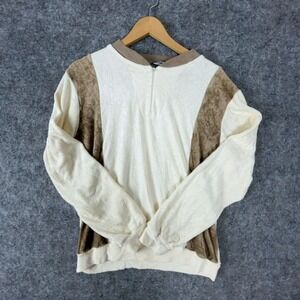 Vintage Action Velour Pullover Mens L Cream Tan Grandpa Quarter Zip Athleisure